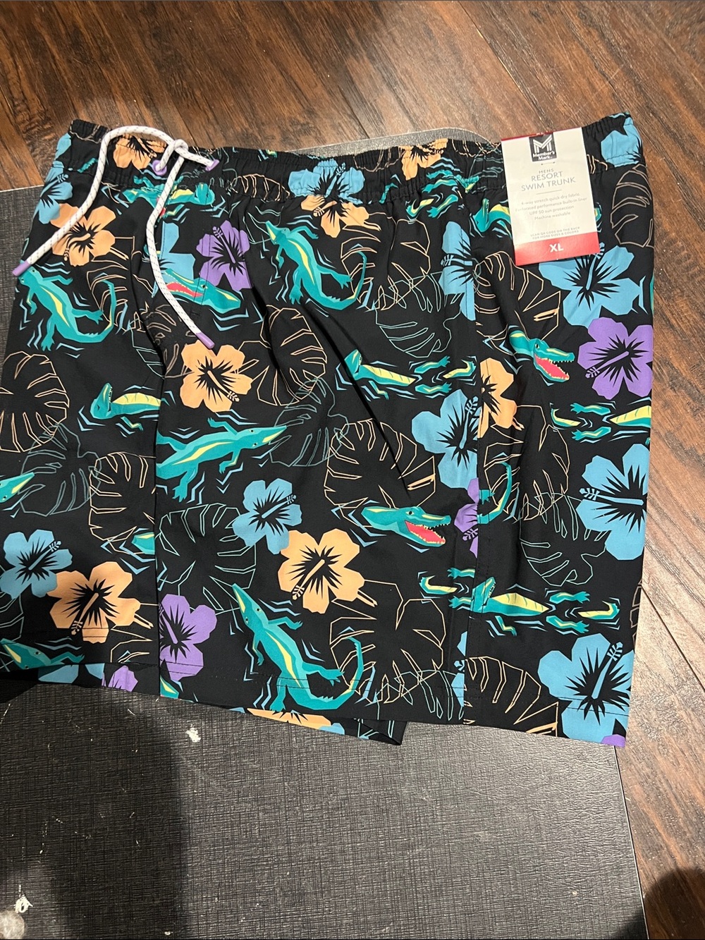 Resort Swim Trunk - Black Floral Swim Trunks with Teal & Yellow Accents